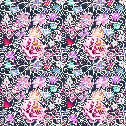 Fototapeta Naklejka Na Ścianę i Meble -  Seamless pattern with bright garden flowers, butterflies and paisley and lace ornament. Romantic print for fabric.
