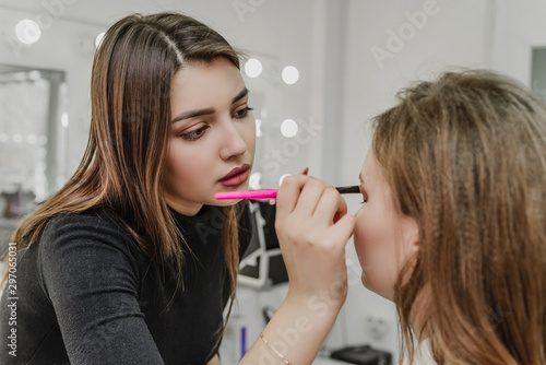 Makeup artist does makeup for a young beautiful woman. professional makeup in the beauty salon