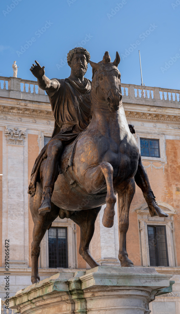 Ancient Roman Equestrian Statue of Marcus Aurelius on the Capitoline Hill, Rome, Italy.