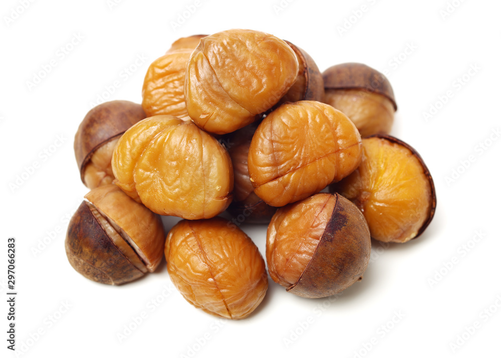 chinese food, peeled roasted chestnut on white background chinese food, peeled roasted chestnut on white background