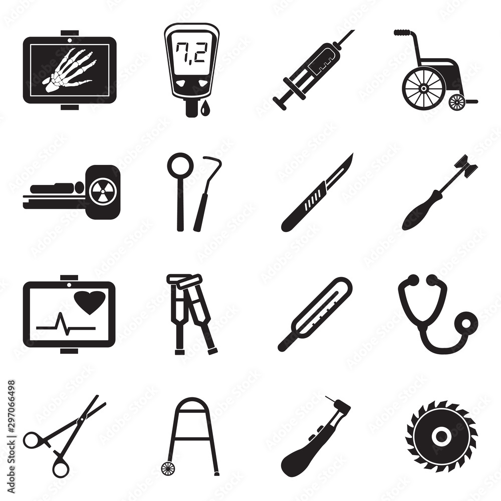 Medical Devices And Equipment Icons. Black Flat Design. Vector Illustration. Medical Devices And Equipment Icons. Black Flat Design. Vector Illustration.