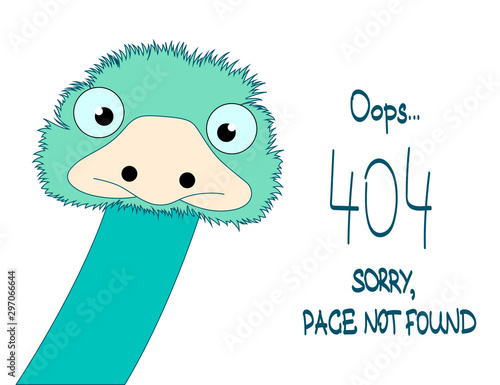 Error Page Not Found Design with cute ostrich. 404 error. Funny ostrich in flat style
