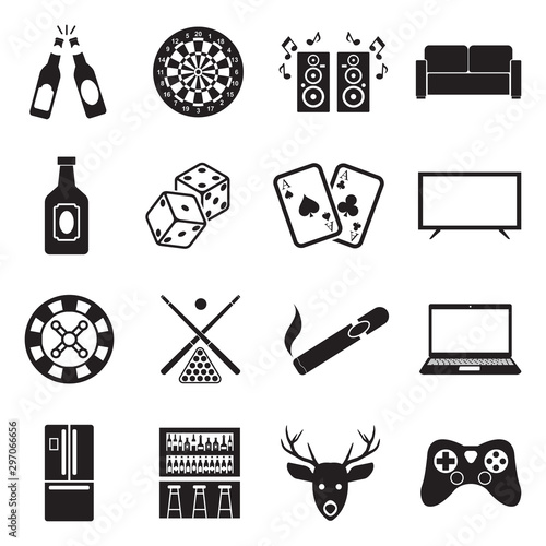 Man Cave Icons. Black Flat Design. Vector Illustration.