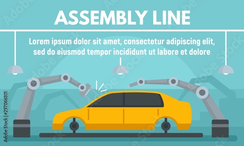 Car assembly line concept banner. Flat illustration of car assembly line vector concept banner for web design