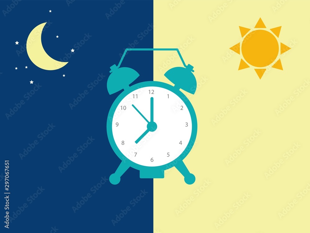 Day and night time concept. Alarm clock between night time side and day