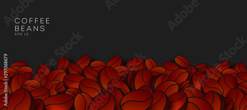 Coffee beans background with beans on the bottom and place for your text on the top, broun 3d beans on dark backdrop, vector illustration