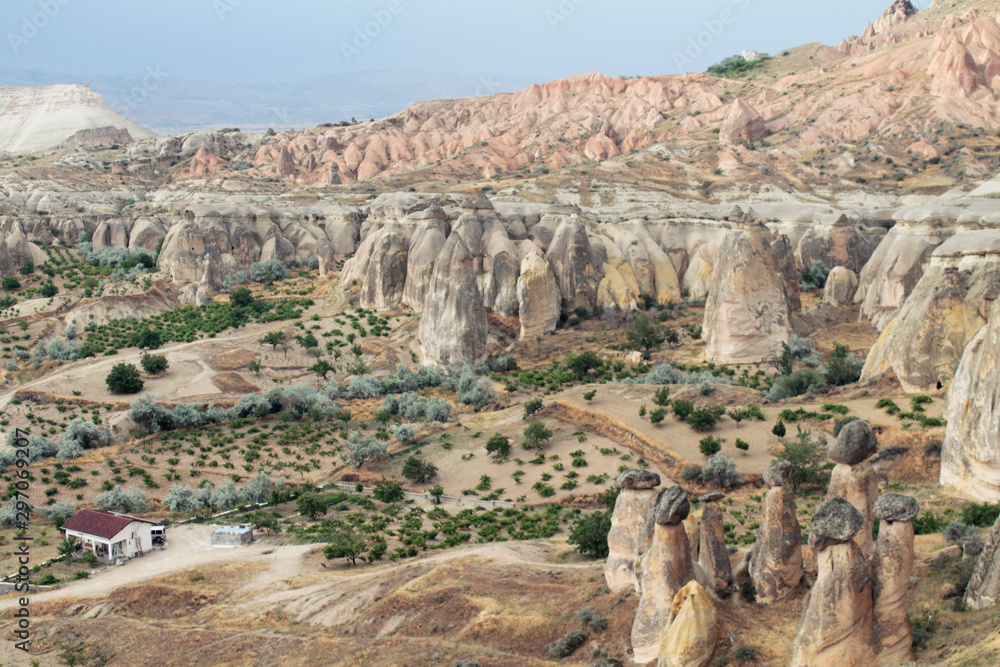 Aerial view of rocks of different forms and caves in Cappadocia,Turkey