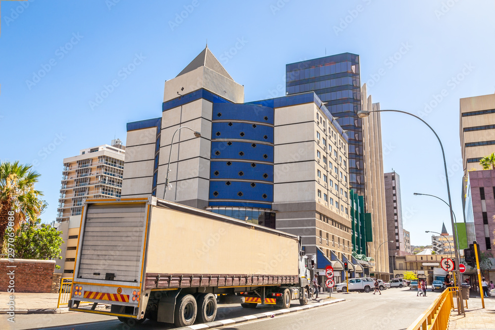 Windhoek downtown city center view with shopping mall, office buildings