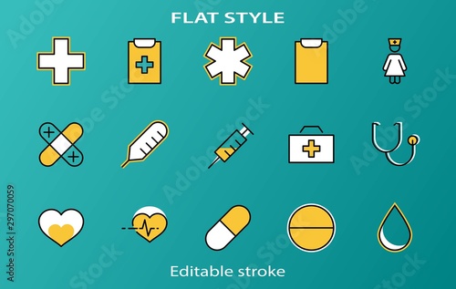 Set of Medicine vector line icons. It contains the first aid kit, nurse, syringe, thermometer, plastic, pills, heart, drop of blood, palpitation and much more. Editable Stroke. 32x32 pixels.