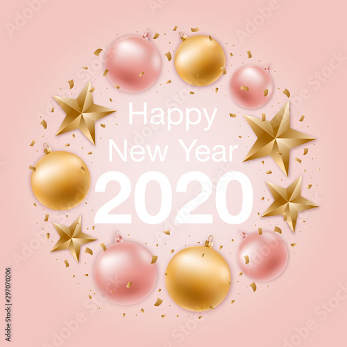 Happy New Year greeting background with shiny gold and rose gold balls, stars and confetti. 3d Christmas banner.