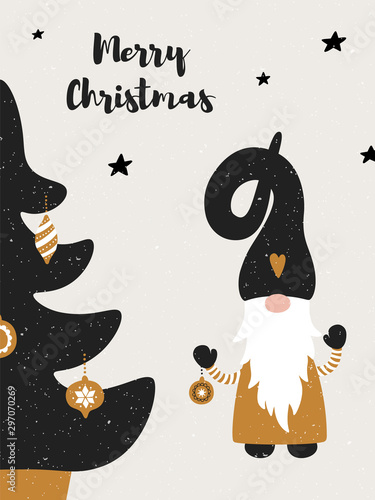 Greeting card with cute Scandinavian gnome, christmas tree and greeting text Merry Christmas. Tomte gnome illustration. Happy New Year vector design template.