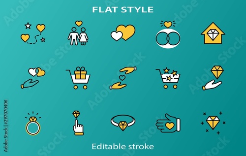 International Jeweler Day Set Line Vector Icons. Contains such Icons as Love, Heart, Hand, Family, Wedding Rings, Diamond, Jewelry store, Gift, Basket and more. Editable Stroke. 32x32 Pixel Perfect