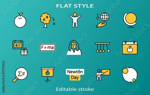 Newton's Day Set Line Vector Icon. Contains such Icons as Newton, Laws of physics and gravity, Flying Apple, Calendar, Teacher, blackboard and projector Editable Stroke. 32x32 Pixel Perfect