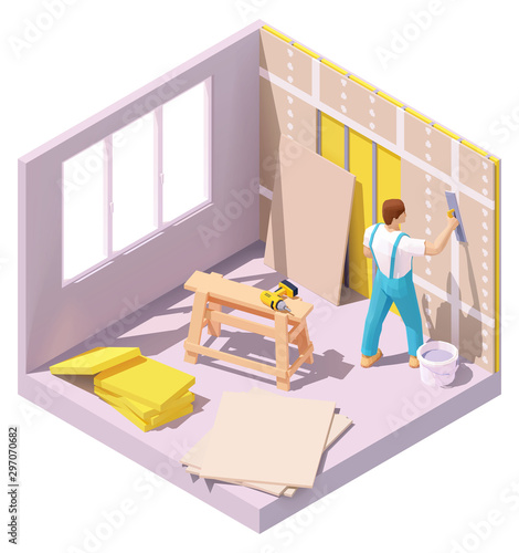 Vector isometric worker plastering wall