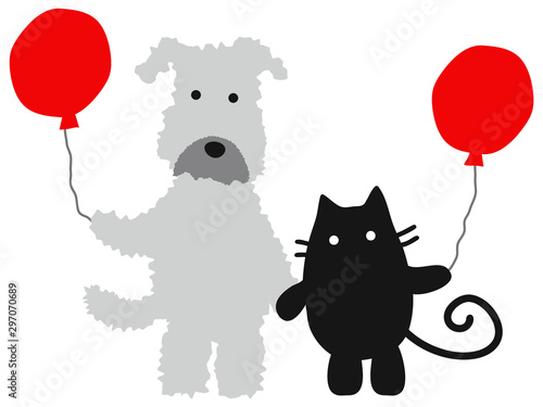 a gray dog and a black cat with red balloons 赤い風船を持つグレーの犬と黒猫