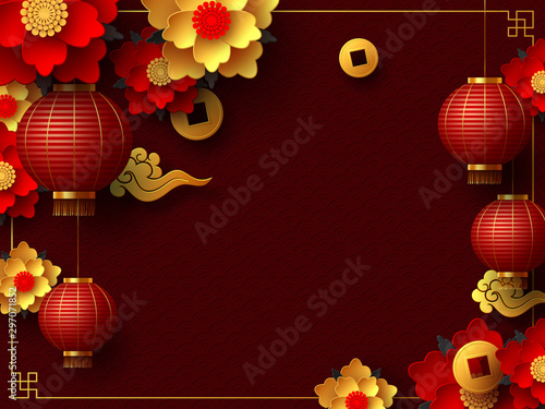 Chinese New Year banner. Papercut flowers, clouds and hanging lanterns. Red traditional chinese background with copy space. Vector.