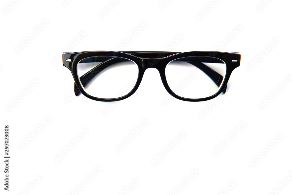 Black rimmed eyeglasses isolated on white background.