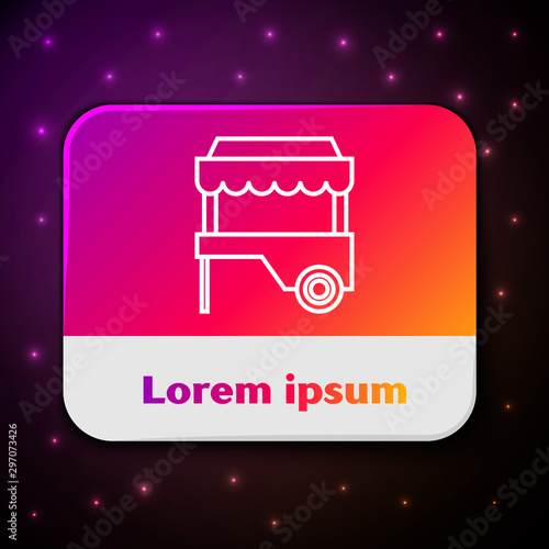 White line Fast street food cart with awning icon isolated on black background. Urban kiosk. Rectangle color button. Vector Illustration