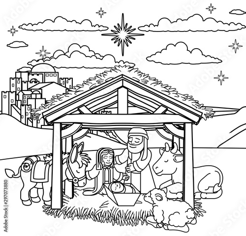 A Christmas nativity scene coloring cartoon, with baby Jesus, Mary and Joseph in the manger and donkey and other animals. The City of Bethlehem and star above. Christian religious illustration.