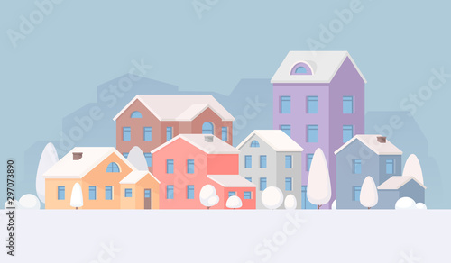 City landscape in the winter. Town. Houses and trees in the snow