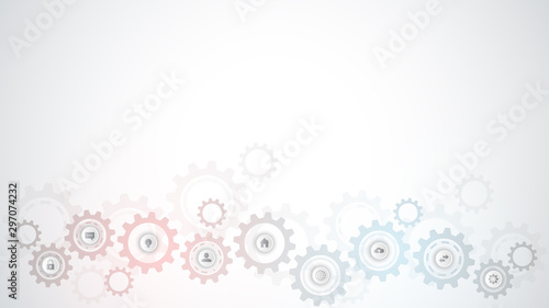 Information technology with infographic elements and flat icons. Cogs and gear wheel mechanisms. Hi-tech digital technology and engineering. Abstract technical background.