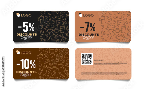 Discount card or voucher with line pattern of coffee beans, cups and breakfast food