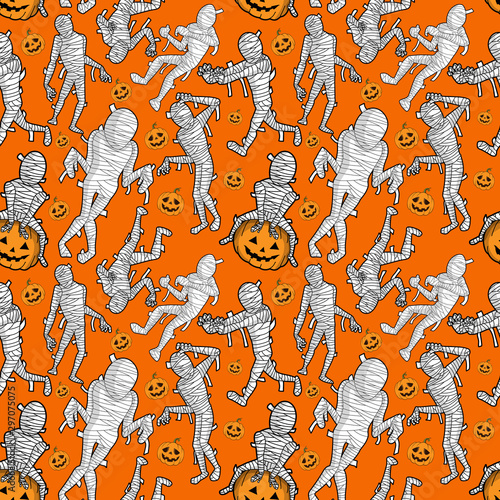 Halloween Scary mummy cartoon character seamless pattern