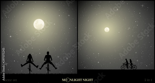 Set of vector illustrations with silhouettes of people in park on moonlit night. Lovers on bike tandem. Two cyclists with legs apart. Full moon in starry sky
