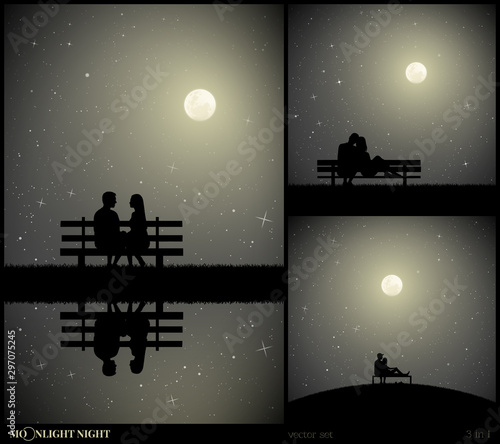 Set of vector illustrations with silhouettes of lovers in park on moonlit night. Loving couple sitting on bench. Full moon in starry sky