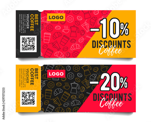 Promotion event admission tickets with torn off part, coffee beans cups and breakfast food pattern and discounts