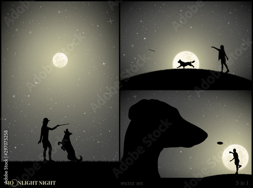 Set of vector illustrations with silhouettes of people and dogs in park on moonlit night. Dachshund and man playing with plate. Girl trains animal. Full moon in starry sky