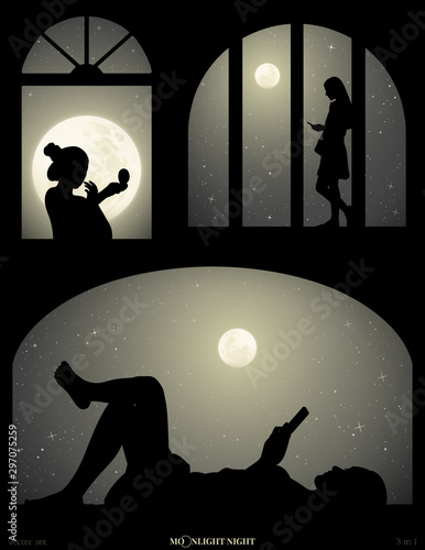 Set of vector illustrations with silhouettes of people in windows on moonlit night. Lying woman with mobile phone. Girl with mirror doing makeup. Full moon in starry sky