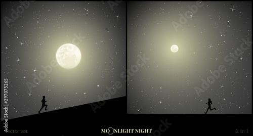 Set of vector illustrations with silhouettes of people on moonlit night. Man runs uphill. Girl running in park. Full moon in starry sky