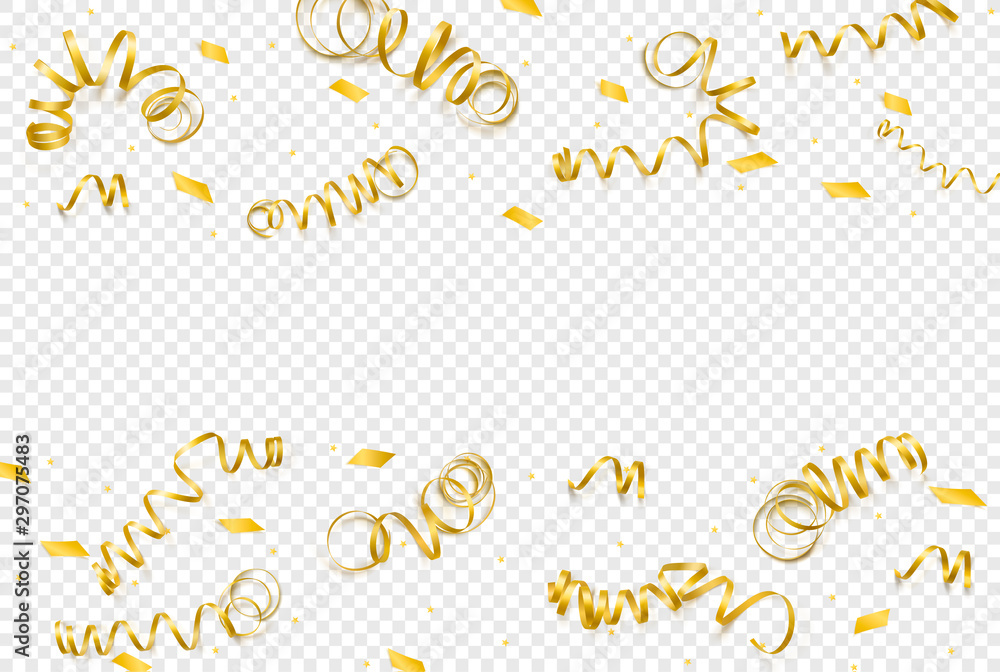 Obraz premium Vector celebration template with serpentine and confetti and carnival ribbon on transparent background.