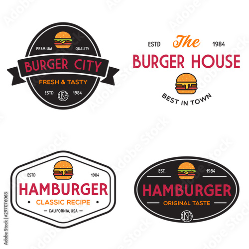 Set of badges, banner, labels and logo for hamburger, burger shop. Simple and minimal design. Vector illustration.