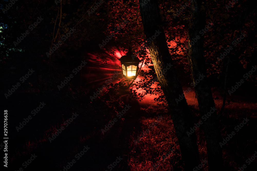 Horror Halloween concept. Burning old oil lamp in forest at night. Night scenery of a nightmare scene. Horror Halloween concept. Burning old oil lamp in forest at night. Night scenery of a nightmare scene.
