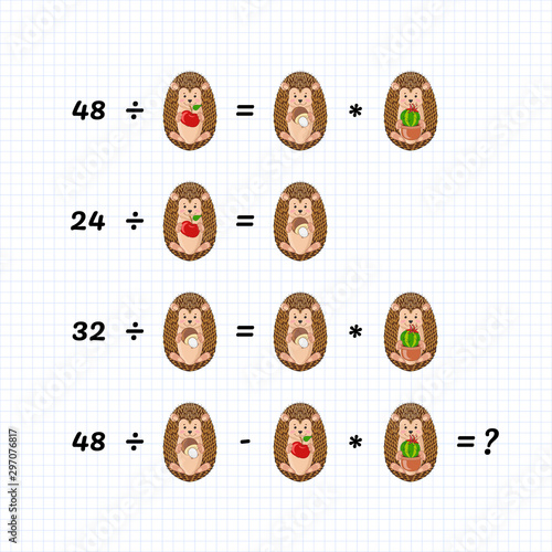 Mathematics educational game for children. Advanced level. Learning division, multiplication, subtraction equations worksheet for kids. Math Puzzle. Task for math logical thinking. System of equations