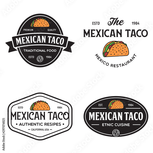 Set of taco logo, badges, banners, emblem for restaurant. Template for menu and cafe badge.