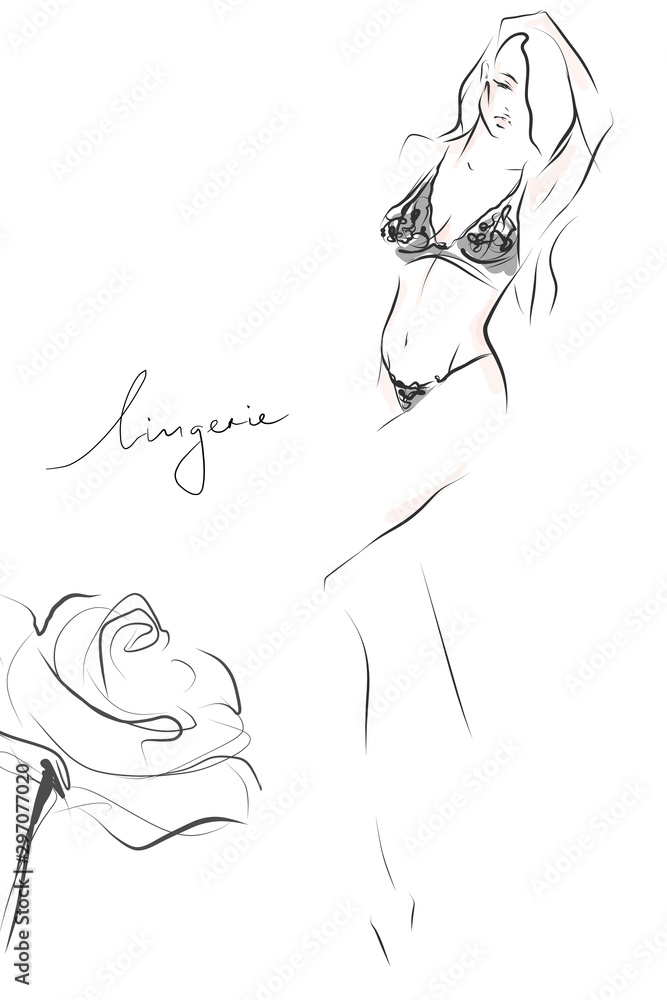 Young beautiful woman in lace lingerie. Silhouette of slender female body.  Hand-drawn illustration. Vector Stock Vector | Adobe Stock