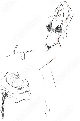 Young beautiful woman in lace lingerie. Silhouette of slender female body. Hand-drawn illustration. Vector