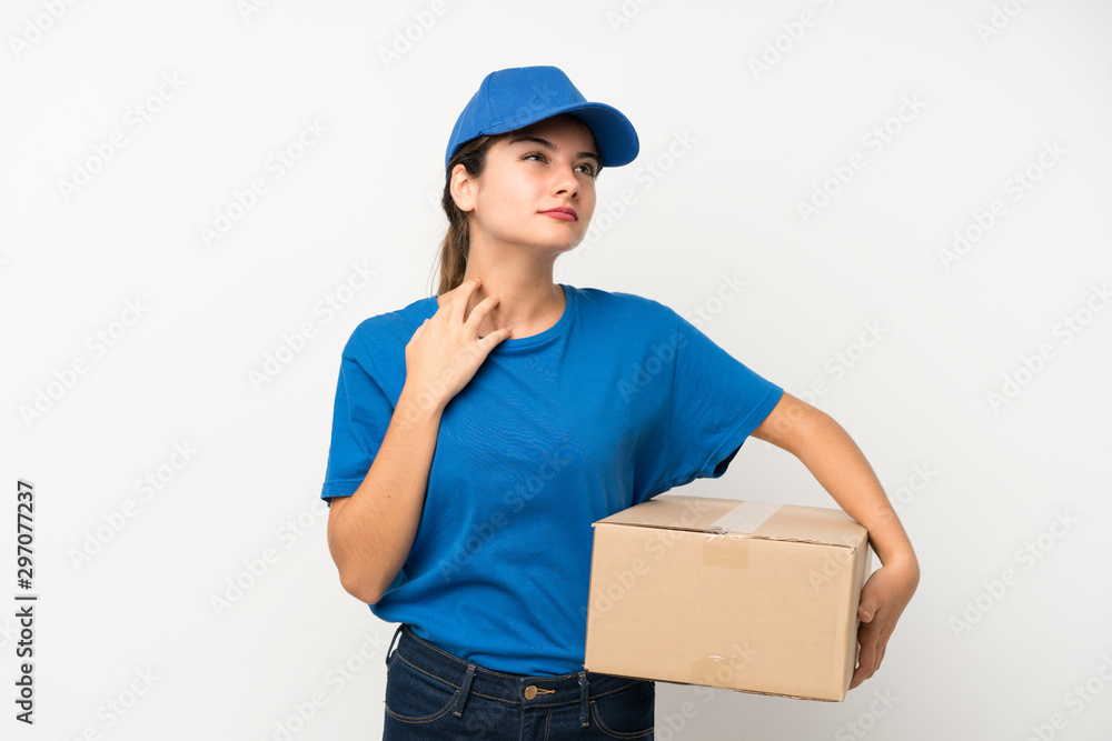 Young delivery girl over isolated white background thinking an idea Young delivery girl over isolated white background thinking an idea