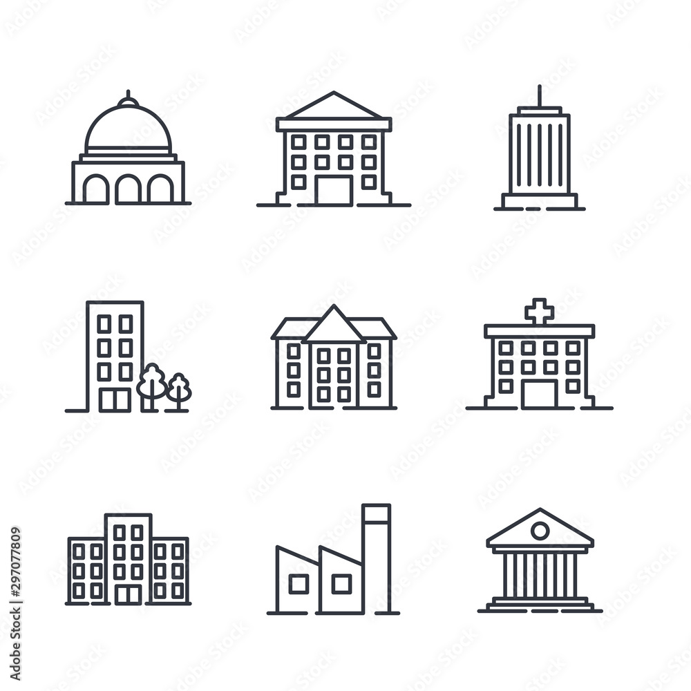 Fototapeta premium Building set icon symbol template color editable. Government buildings pack logo vector illustration for graphic and web design collection