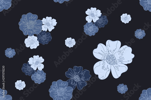 Flower blossom seamless pattern in blue shading color on midnight blue background. Tropical botanical Motifs scattered random. Great for fabric  textile  wrap paper  wallpaper  carpet.