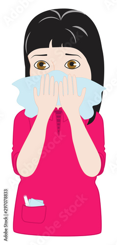 Sick girl blowing her nose with handkerchief