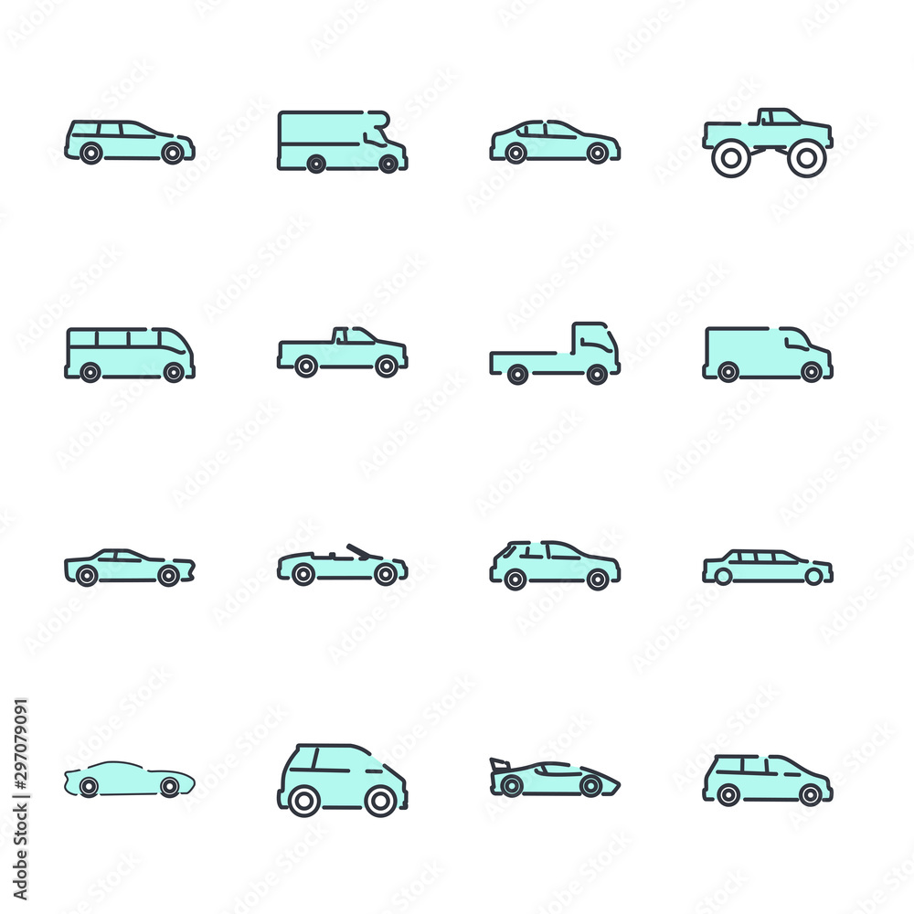 simple car set icon template color editable. car pack symbol vector sign isolated on white background illustration for graphic and web design.