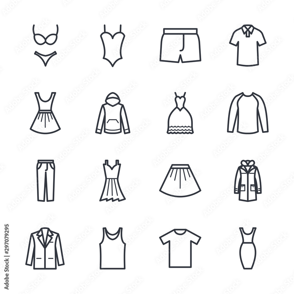 Set of clothes icon template color editable. Fashion pack symbol vector sign isolated on white background. Simple logo vector illustration for graphic and web design. Set of clothes icon template color editable. Fashion pack symbol vector sign isolated on white background. Simple logo vector illustration for graphic and web design.