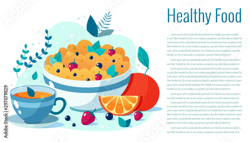 Bowl of oatmeal with strawberries and blueberries and cup of green tea. Vector flat illustration of healthy breakfast.