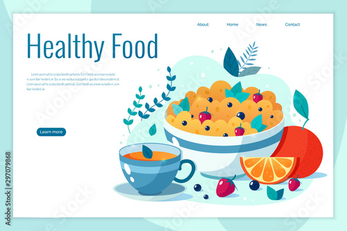 Bowl of oatmeal with strawberries and blueberries and cup of green tea. Vector flat illustration of healthy breakfast.