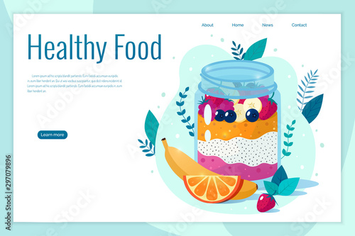 Chia seed mango strawberry pudding vector illustration. Healthy food concept.