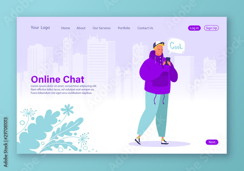Smart technologies in human life. Young men with smartphone chatting and texting using internet services and gadget. Social media concept for web page tamlate. Cartoon, flat, vector illustration. photo